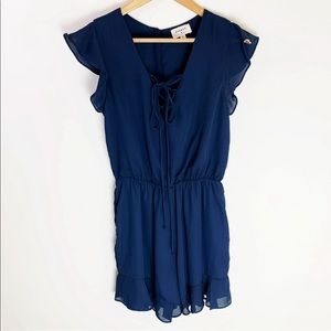 Everly Navy Blue Romper Ruffle Shorts Cap Sleeves